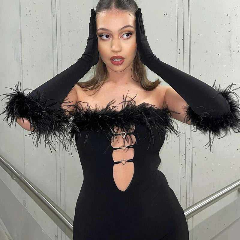 Feather Off Shoulder Mini Dress With Heart Cutouts Party