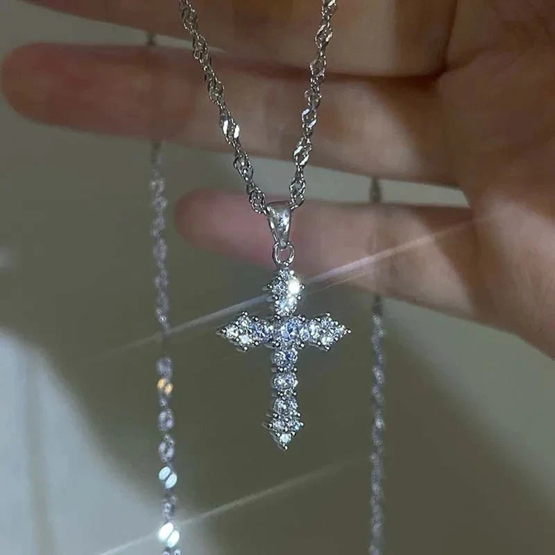Shiny Crystal Zircon Cross Pendant Necklace for Women with Silver Color Thin Chain Party Jewelry Gift
