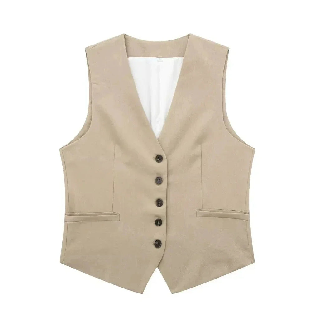 Casual Linen Sleeveless V-Neck Vest for Women Single Breasted Office Fashion Lightweight Linen Top