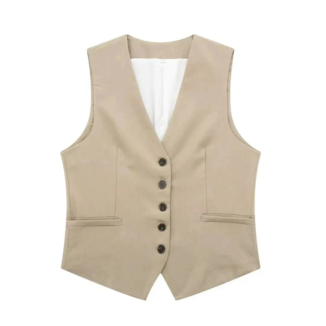 Casual Linen Sleeveless V-Neck Vest for Women Single Breasted Office Fashion Lightweight Linen Top