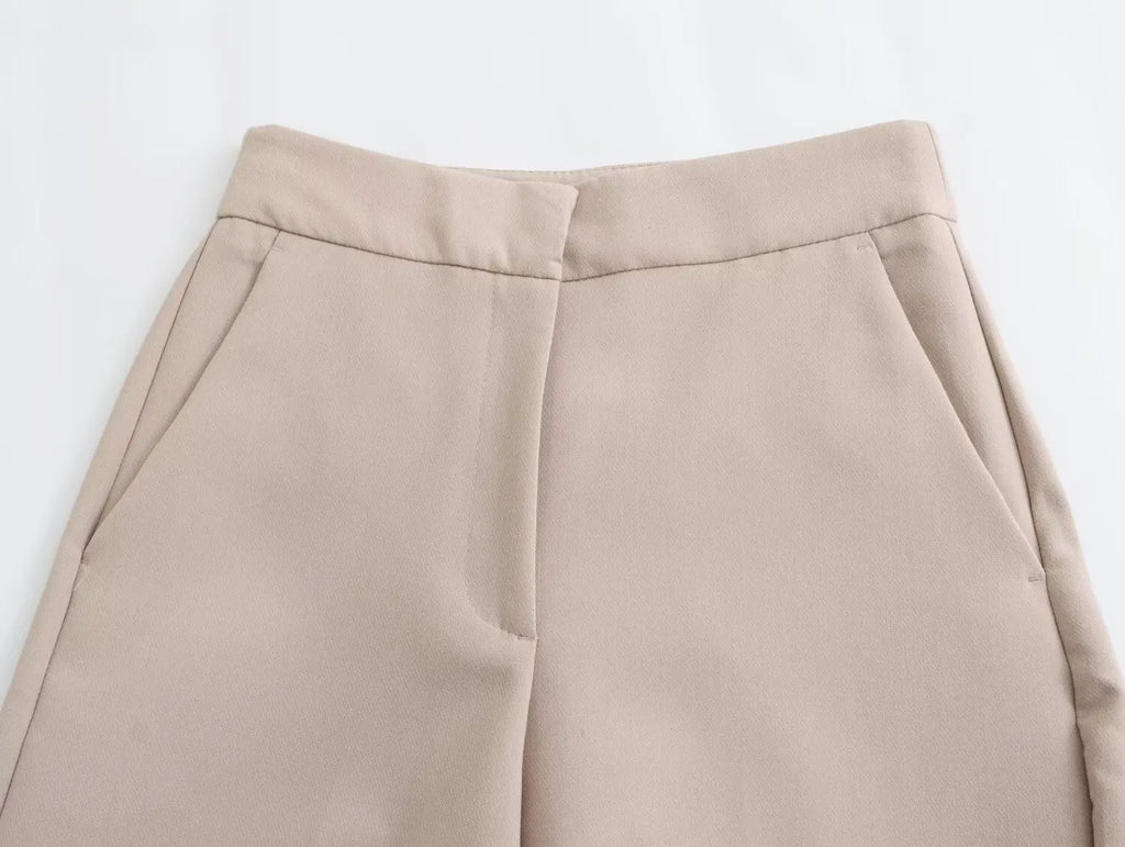 Khaki Women's Suit Set with High Waisted Straight Leg Pants and Fashion Vest