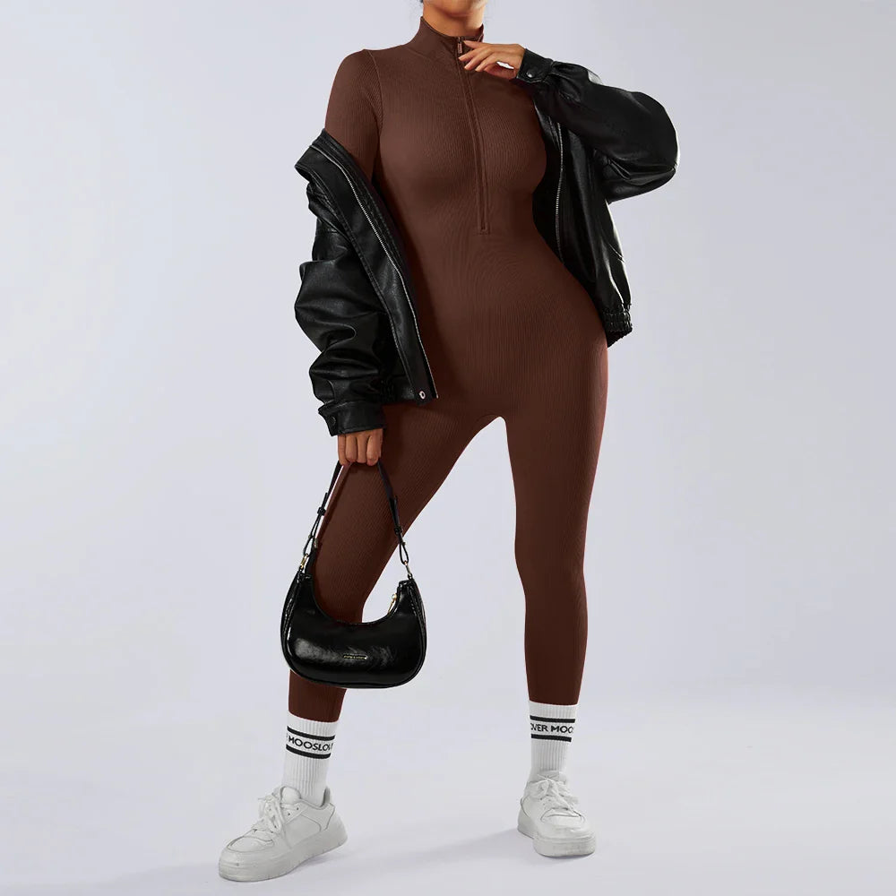 Women's Bodycon Jumpsuit Casual Fitness Rompers with Zipper Slim Fit Bodysuit Streetwear Activewear for Autumn and Winter