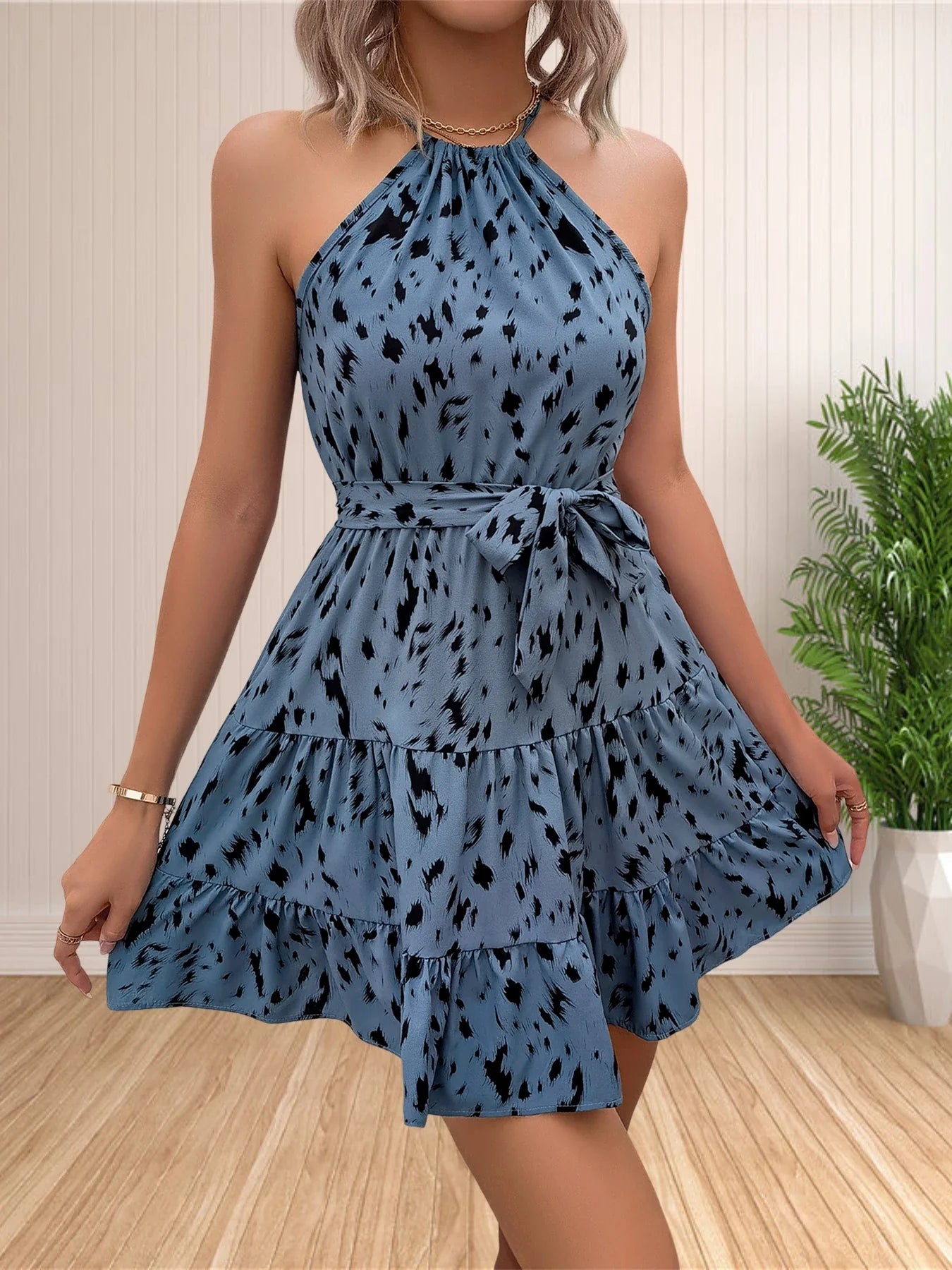 Halter Neck Boho Floral Polka Dot Short Sundress for Women