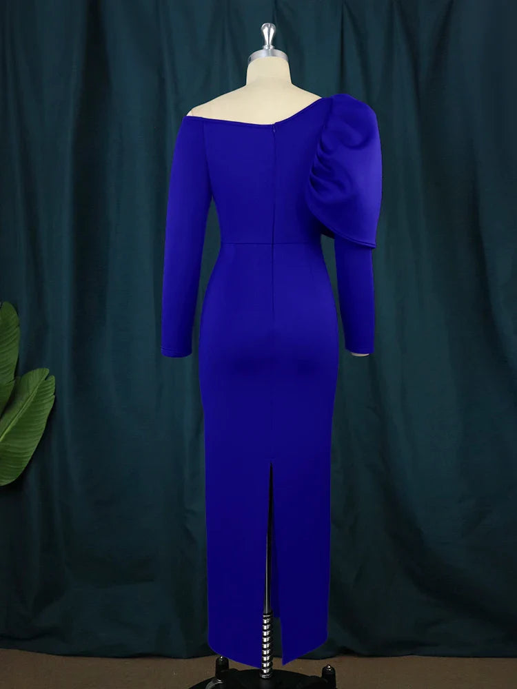 Blue Off Shoulder Bodycon Dress With Long Sleeve High Waist