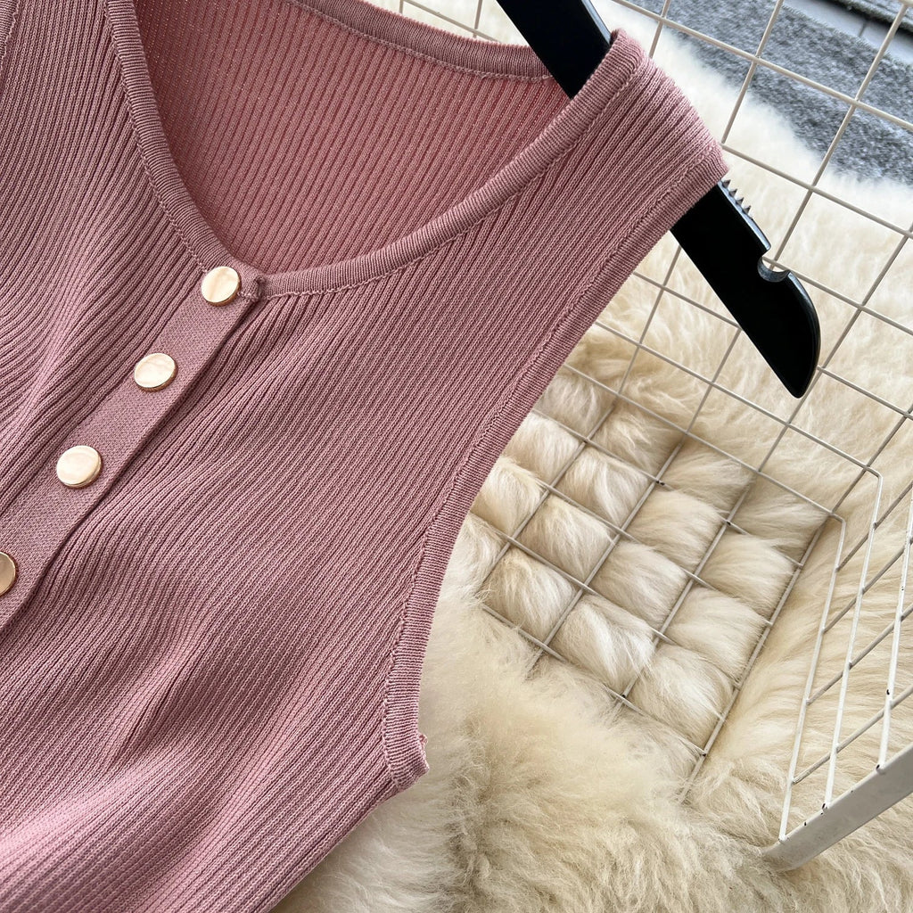 Elegant Solid Knitted O Neck Sleeveless Midi Dress Buttons