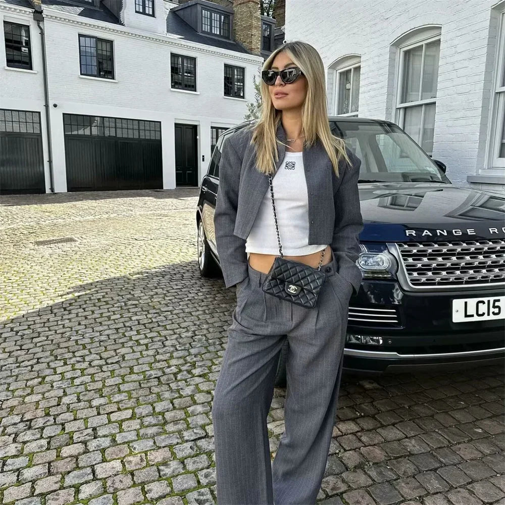 Striped Suit Set For Women With Jacket And Wide Leg Pants