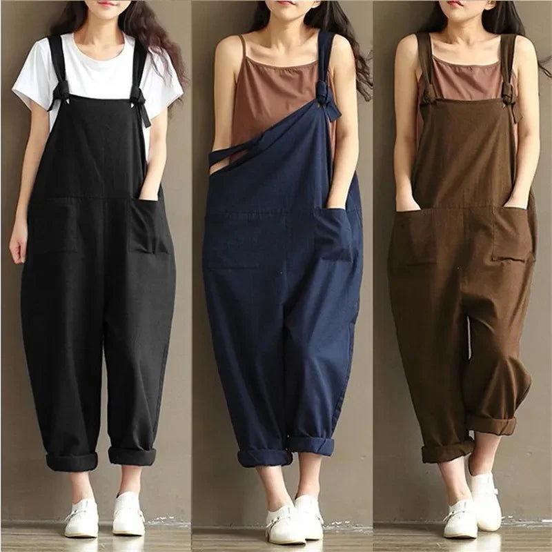 Casual Loose Fit Solid Strap Jumpsuit with Pockets Women's Plus Size Harem Dungaree Overalls 5XL