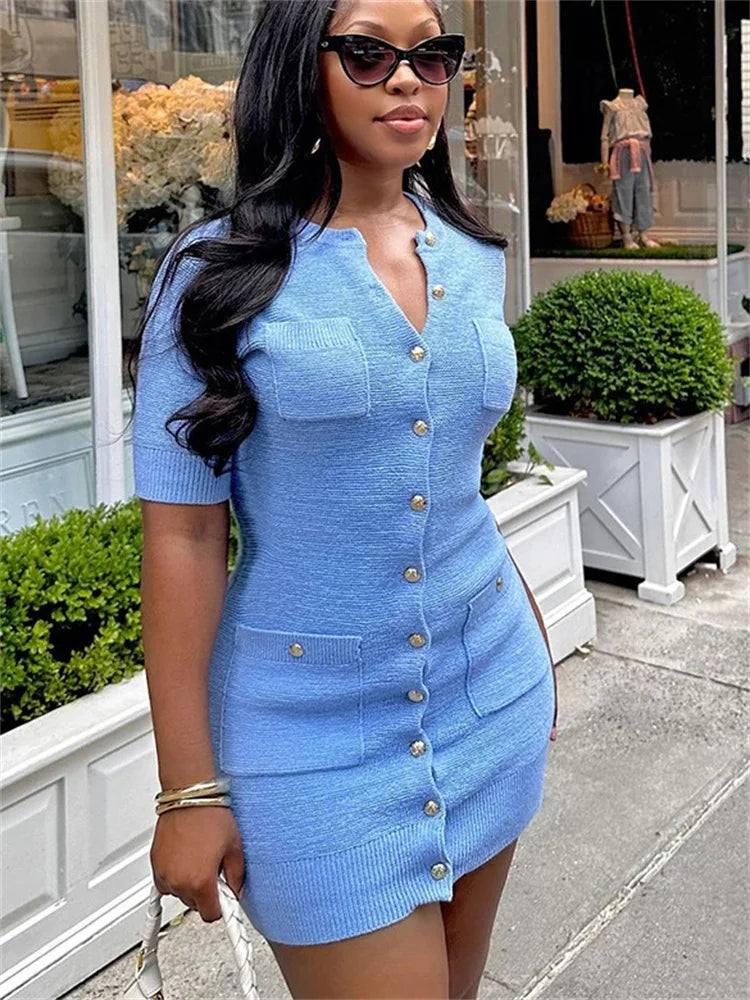 Ribbed Pocket Knit Dress For Women High Waist Mini Chic