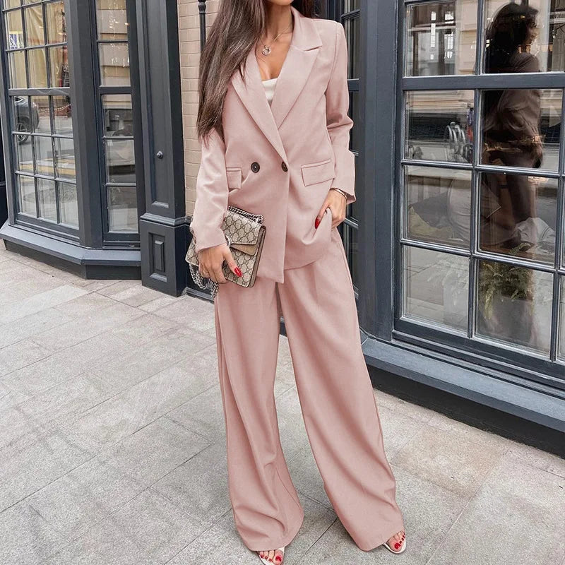 Fashion Solid Blazer Suit and Wide Leg Pants Two Piece Set for Women Autumn Winter Office and Street Style Outfit