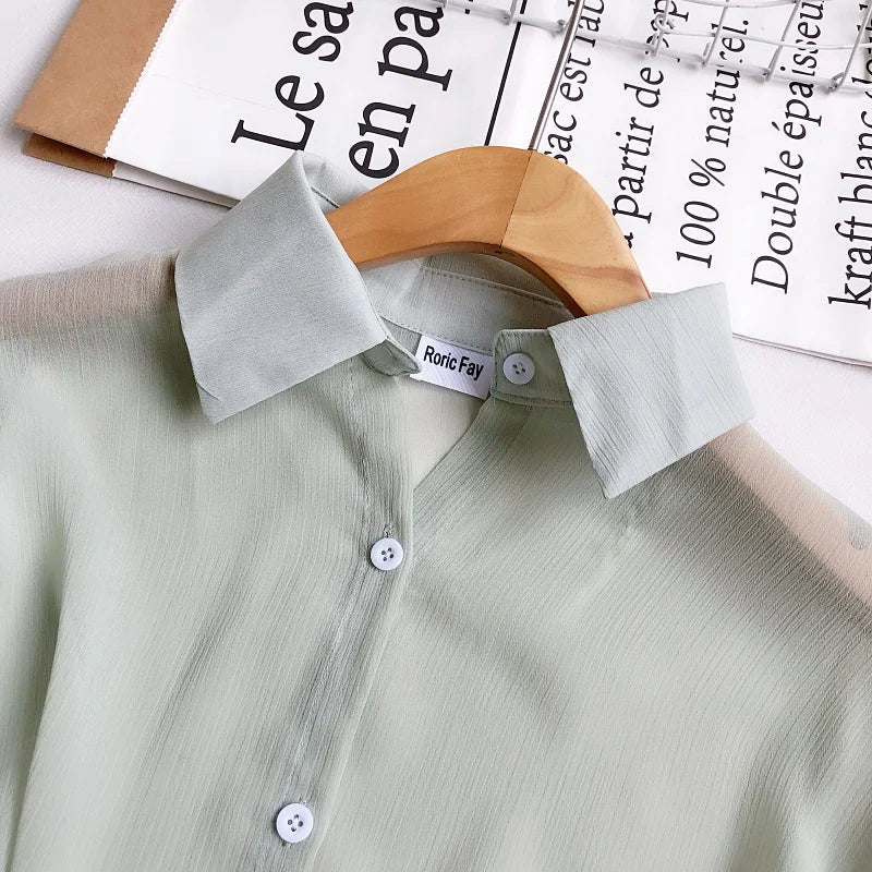 Women Buttoned Up Chiffon Blouse Tied Waist Crop Top Office Lady Shirt Thin and Lightweight