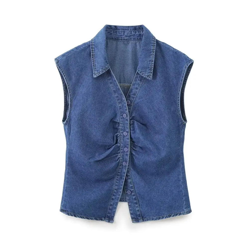 Women Sleeveless Pleated Denim Blouse Single Breasted Office Shirt Chic Casual Top