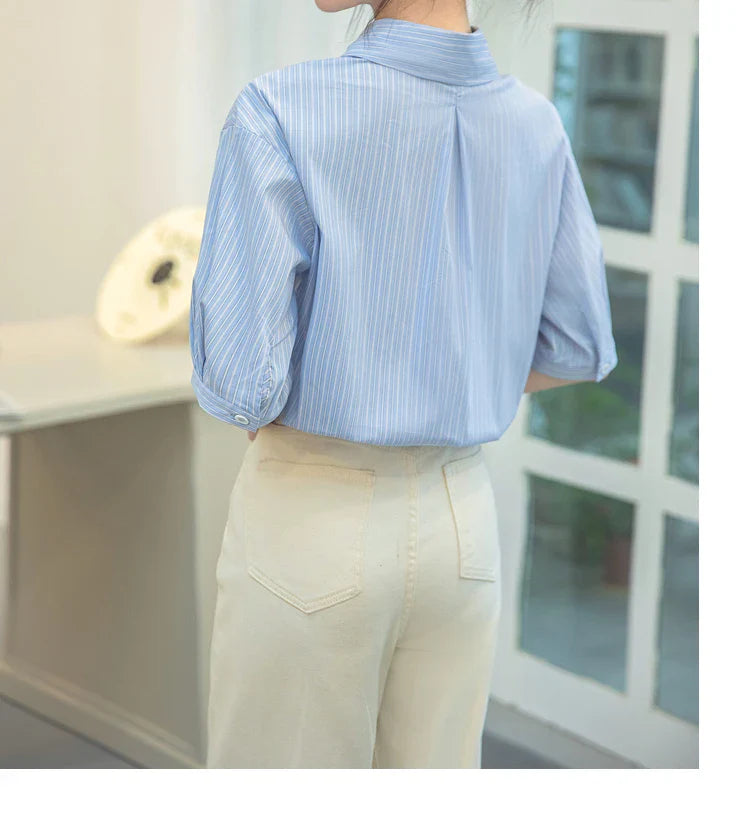 Women Casual Blue Stripe Short Sleeve Polo Collar Shirt Elegant Loose Office Blouse Single Breasted Summer Chic Top
