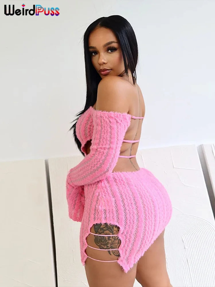 Backless Knit Bodycon Dress Women Slash Neck Chic Elegant