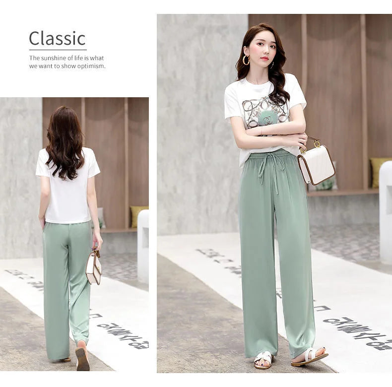 Women's Plus Size Two Piece Suit Set with Short Sleeve Tops and Wide Leg Pants for Casual Summer Fashion