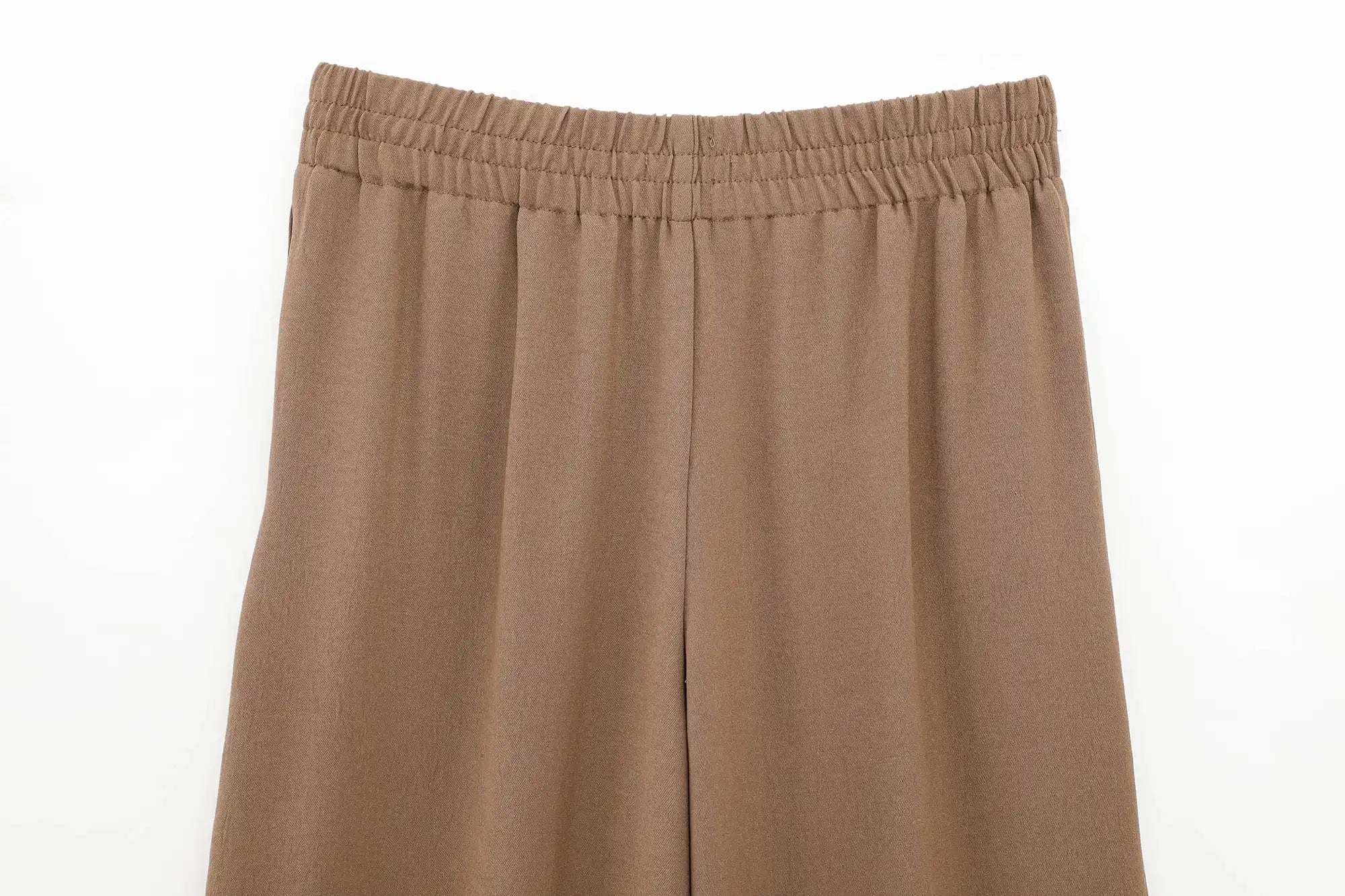 Women Casual Brown Lace-Up Waist Shirt and High Waist Wide Leg Pants Set for Spring Fashion