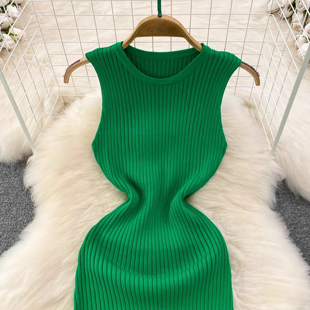 Knitted Mini Dress Women Summer Bodycon Ruffled Elegant