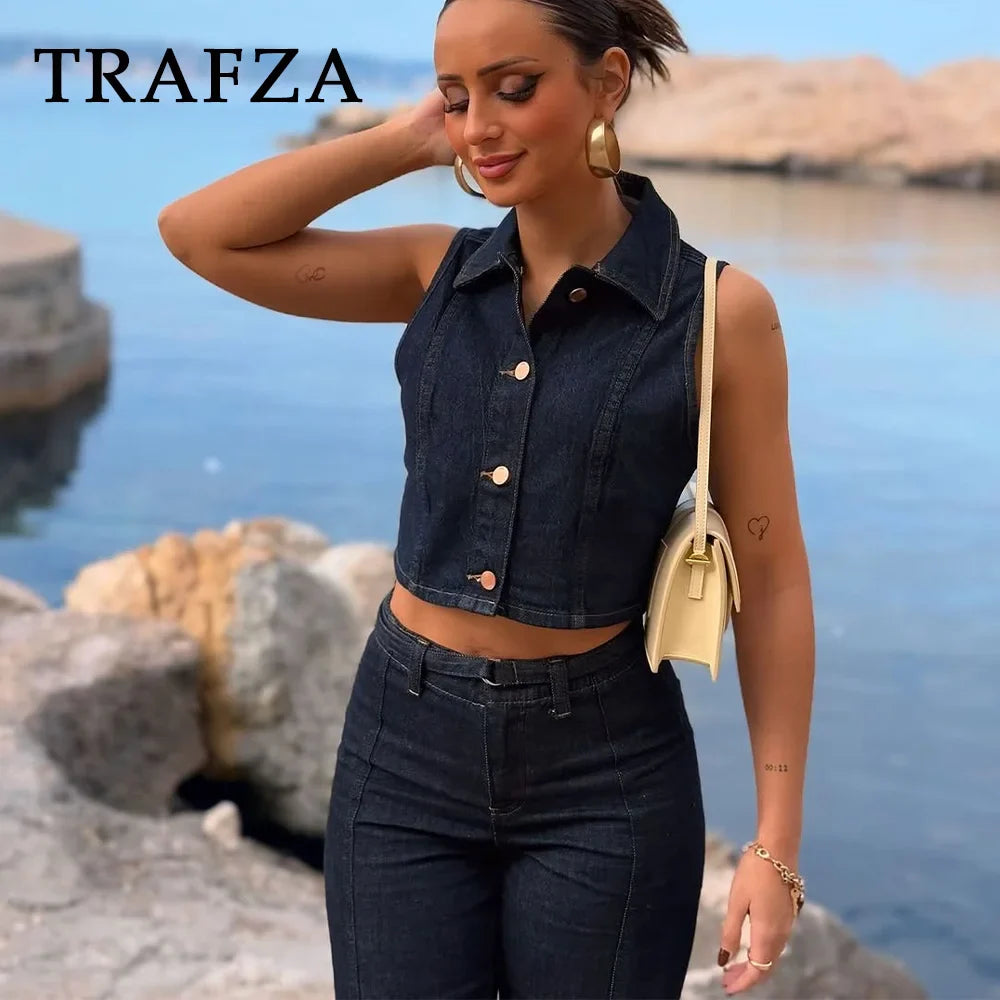 Chic Vintage Denim Women Suit Set Sleeveless Single Breasted Vest with Stylish Sash and Flare Pants Spring Summer Streetwear