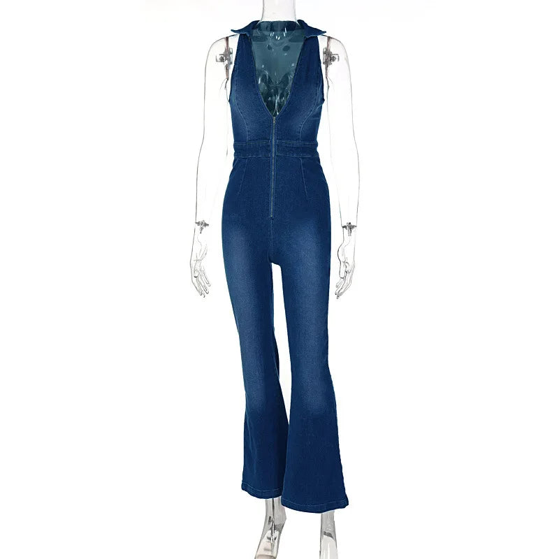 Elegant Denim Jumpsuit for Women V-Neck Zipper Sleeveless Bell Bottom Stylish Summer Party Outfit