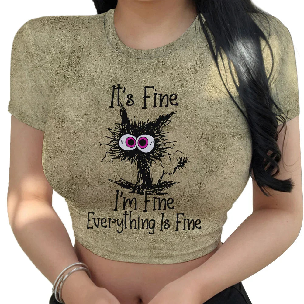 Funny Cat Print Women's Graphic Crop Top Slim Fit Short Sleeve T Shirt