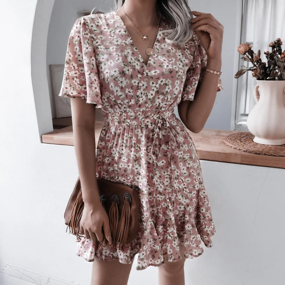 Summer Floral Dress With Bubble Sleeves V Neck A Line
