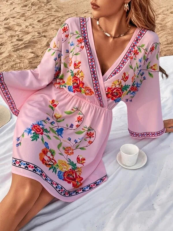 Bohemian Dress With V Neck And Tie Waist Beach Vacation