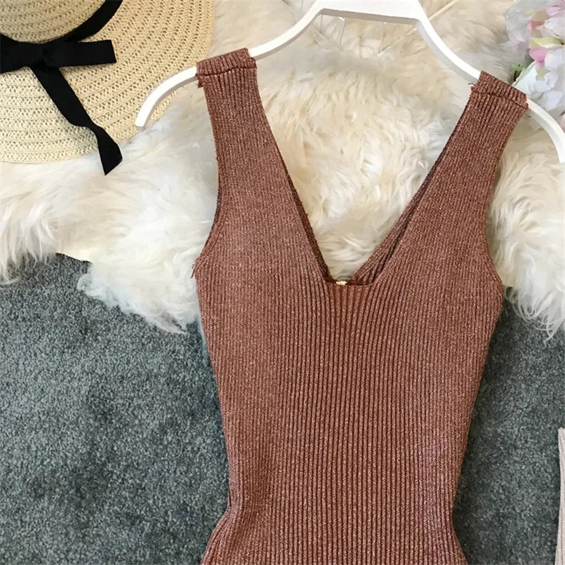 Sexy Zipper V Neck Knit Bodycon Midi Dress For Summer