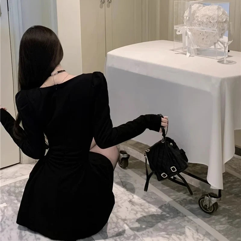 Elegant Women Evening Dress Long Sleeve Retro Banquet Black