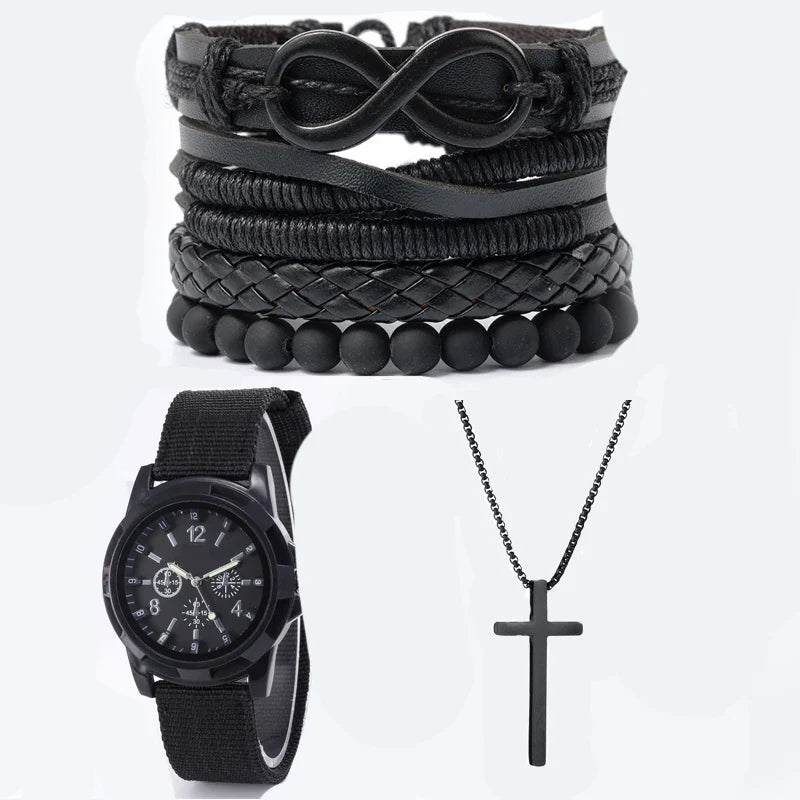 Fashionable PU Leather Beaded Bracelet Set With Quartz Watch And Cross Pendant Necklace For Men