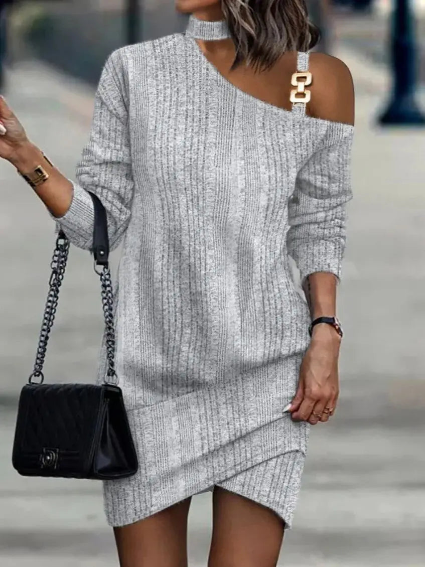 Casual A Line Dress With Chain Decor Long Sleeve Mini