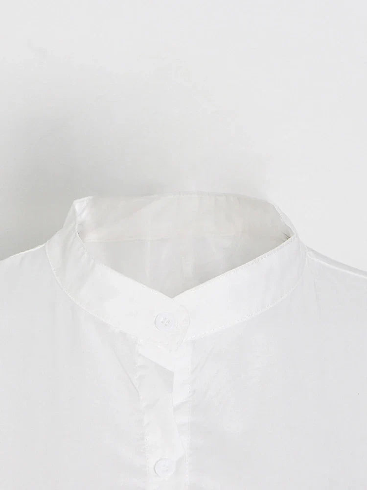 Solid Patchwork Belt Minimalist Women's Shirt Stand Collar Long Sleeve Tunic Spliced Ruffle Casual Blouse