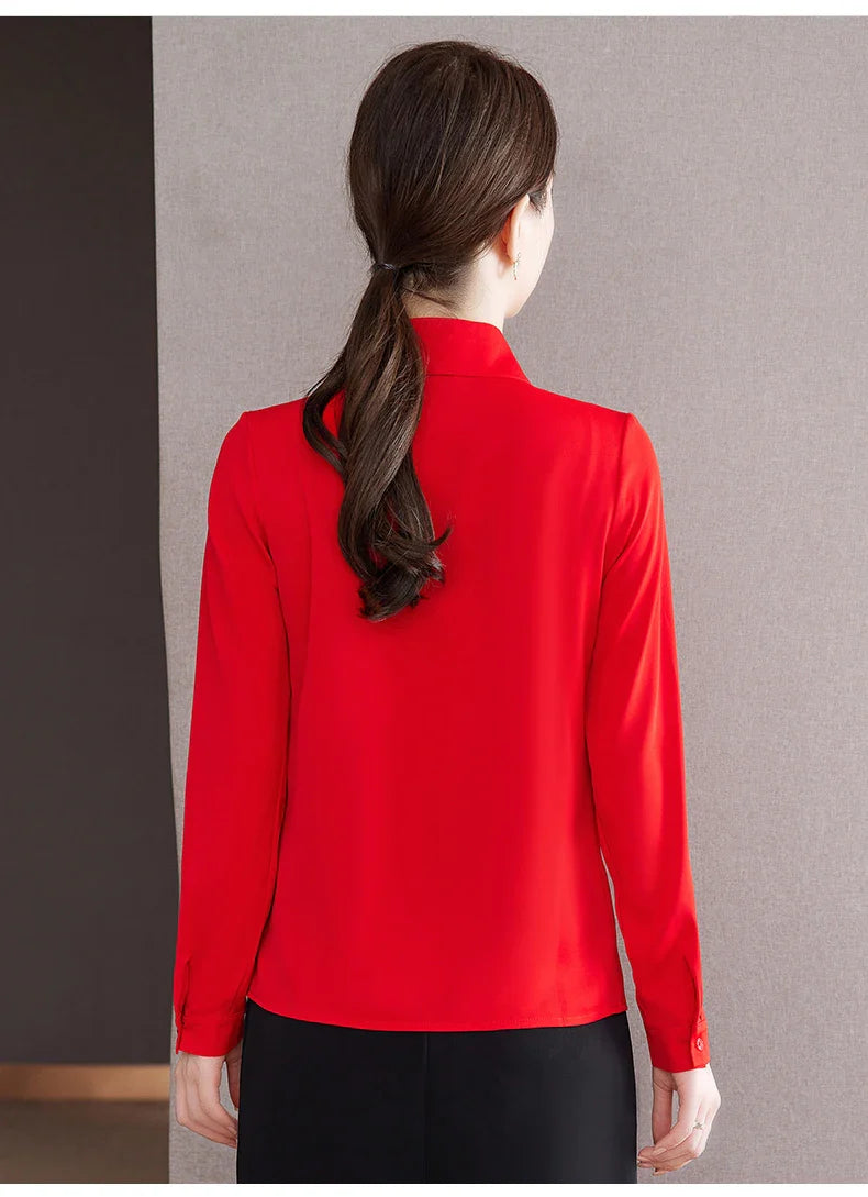 Elegant Bow Tie Ribbon Blouse for Women Lace Up Temperament Shirt Stylish Spring and Autumn Top