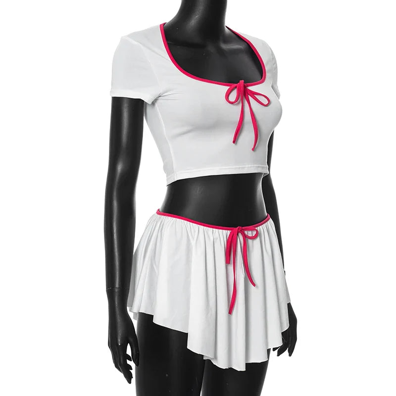 Women Two Piece Party Outfit Set Sexy Short Sleeve Crop Top and High Waist Pleated Mini Skirt Summer Fashion Ensemble