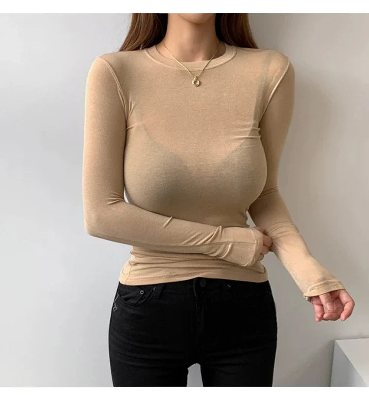 Korean Style Slim Fit Cotton Long Sleeve T Shirt for Women Soft Transparent Summer Tee