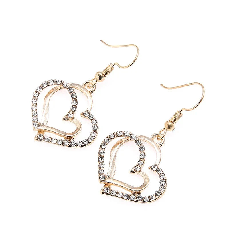 Heart Shaped Jewelry Set With Earrings Pendant Necklace for Women Exquisite Rhinestone Double Heart Design