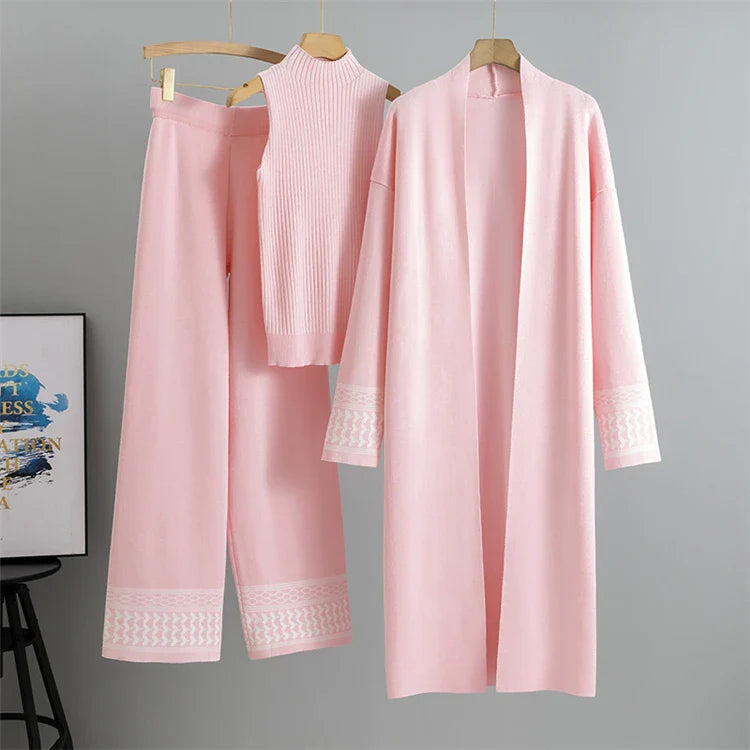 Casual Knitted Three-Piece Set for Women with Cardigan Sweater Vest and Wide Leg Pants