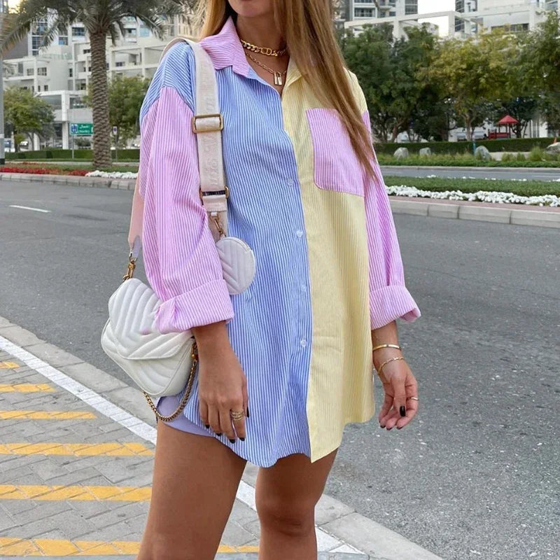 Women Casual Colorblock Striped Long Sleeve Button Up Tunic Shirt with Turn Down Collar Daily Wear Top