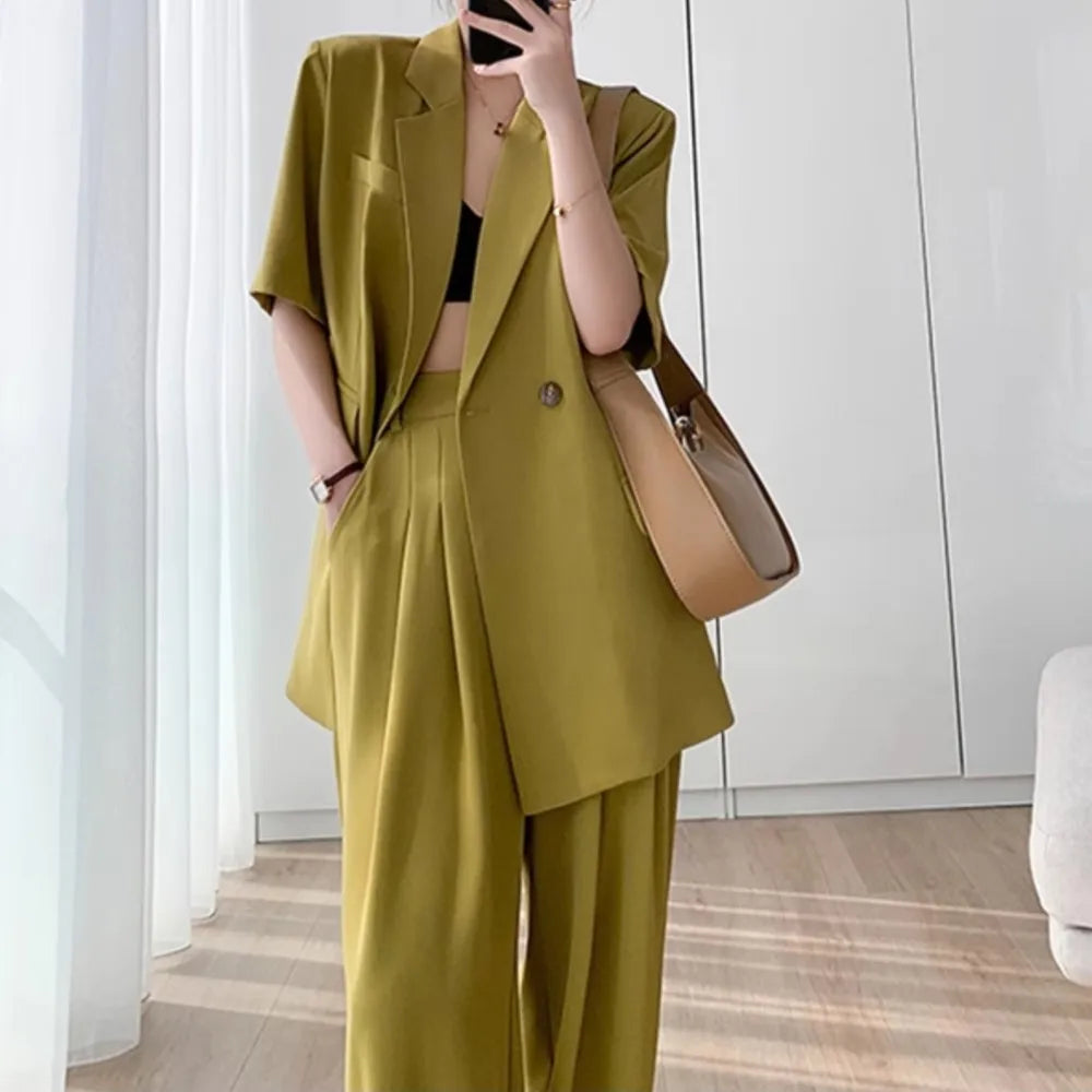 Short Sleeve Wide Leg Pants Blazer Suit Set for Women Summer Business Casual Attire