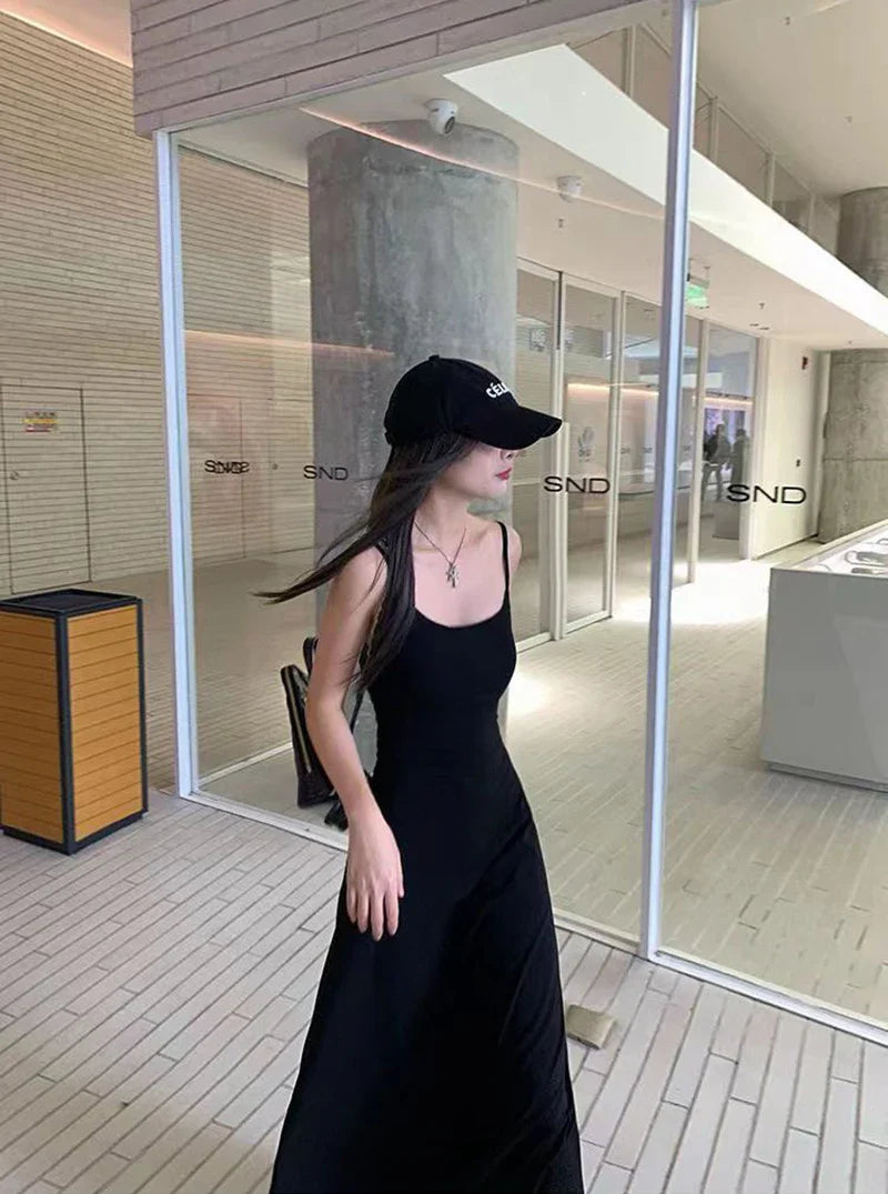 Black Backless Spaghetti Strap Dress Women Elegant Slim