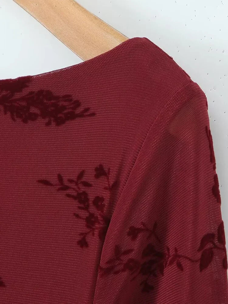 Retro Flocked Print High Waist Long Sleeve Dress Slim Fit