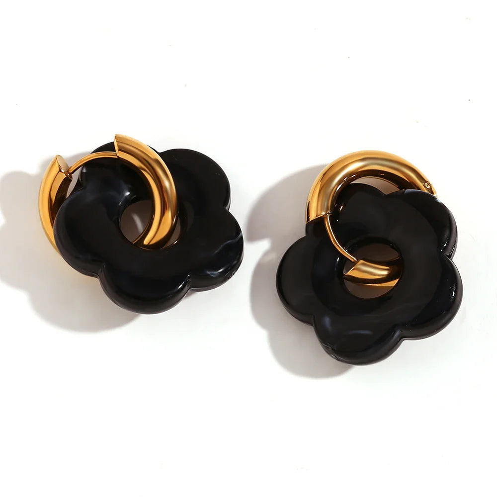 Colorful Resin Flower Drop Earrings for Women in Waterproof Stainless Steel Hoops