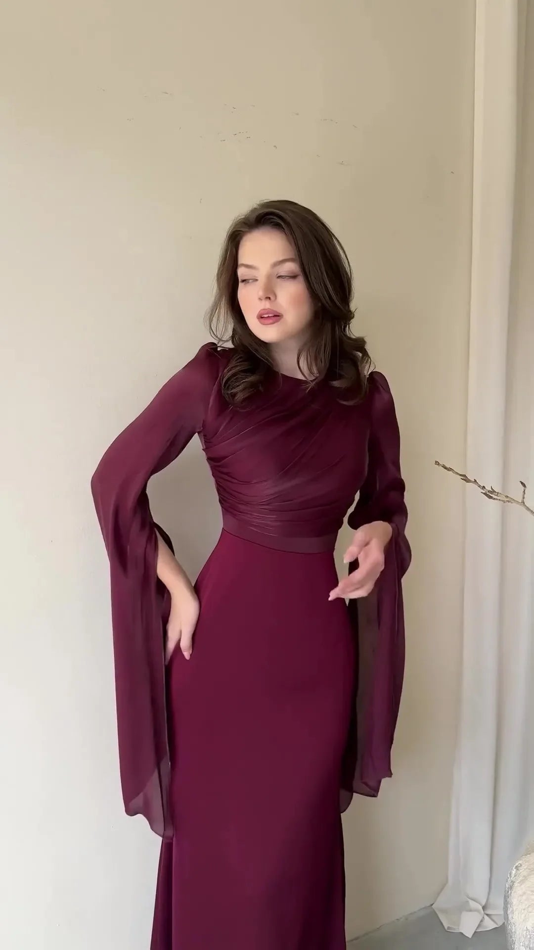 Summer Satin Long Sleeve Evening Gown Dress Slim Fit