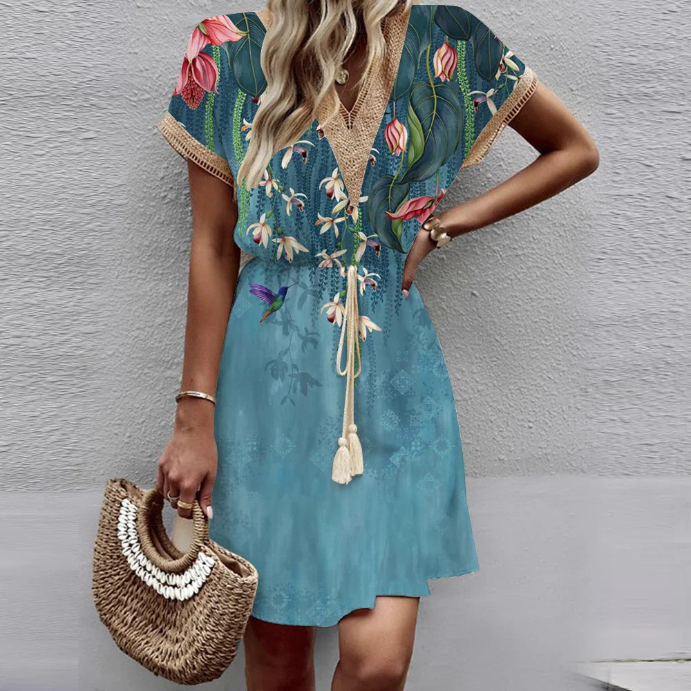 Printed Bat Sleeve Lace V Neck Wrap Midi Dress For Spring