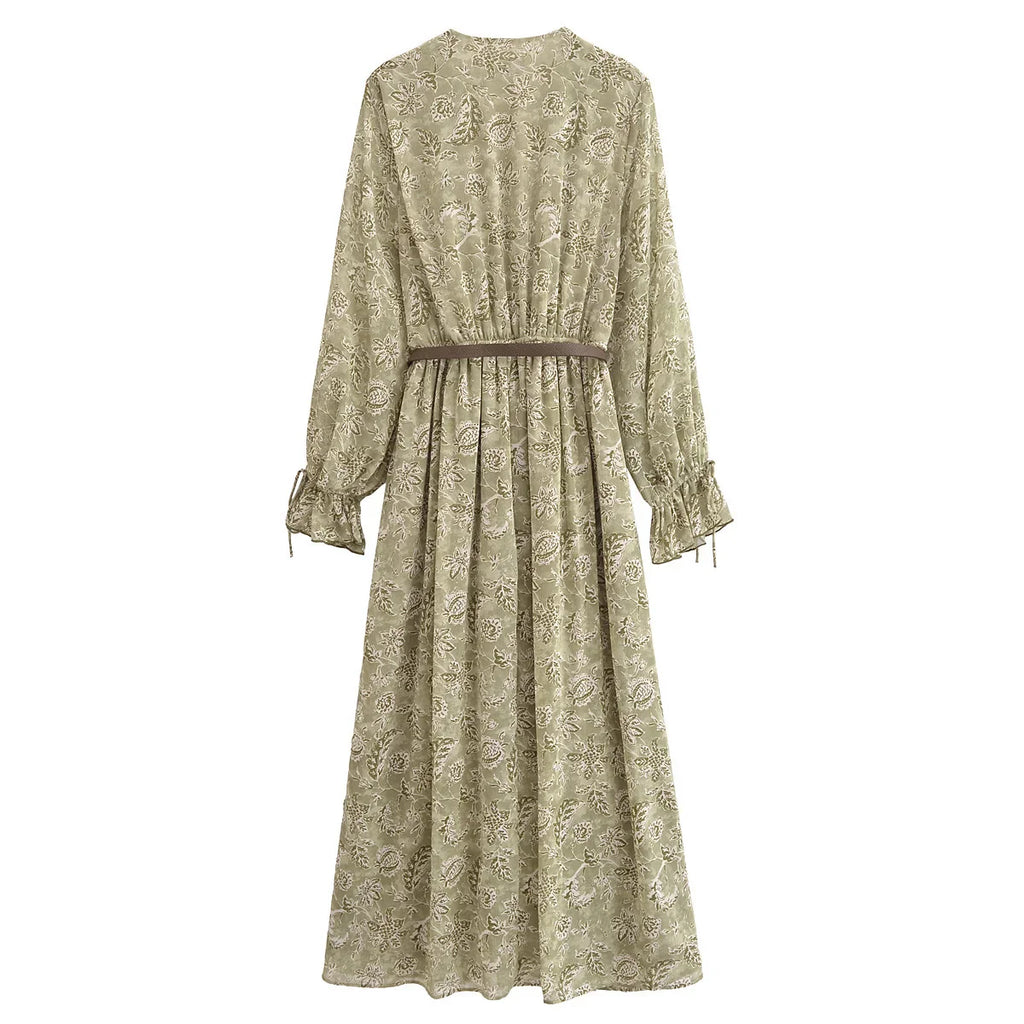 Spring French Design V Neck Printed Cinched Sleeved Dress