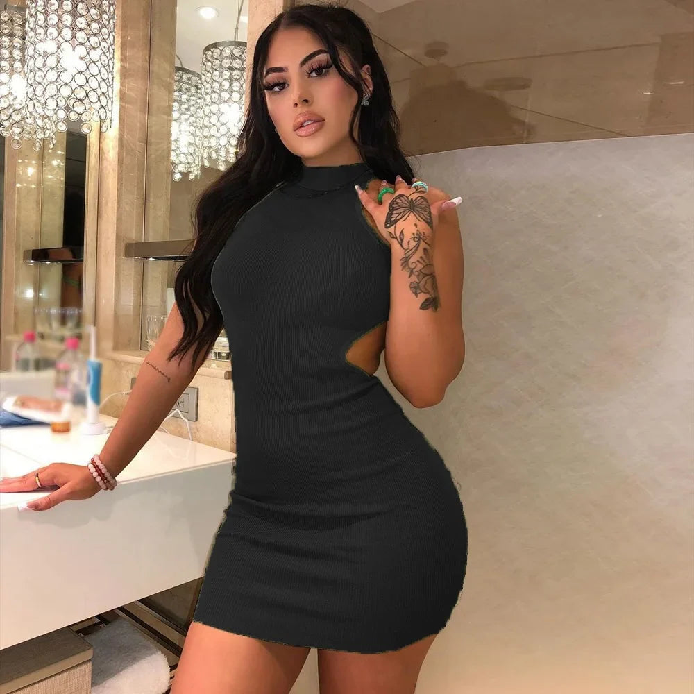 High Neck Hollow Cutout Dress With Back and Bust Details