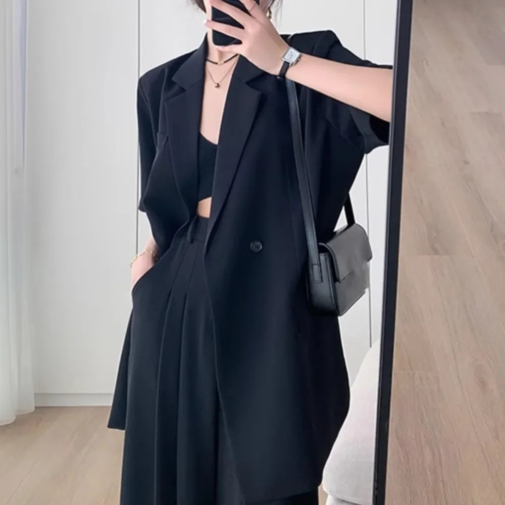 Short Sleeve Wide Leg Pants Blazer Suit Set for Women Summer Business Casual Attire