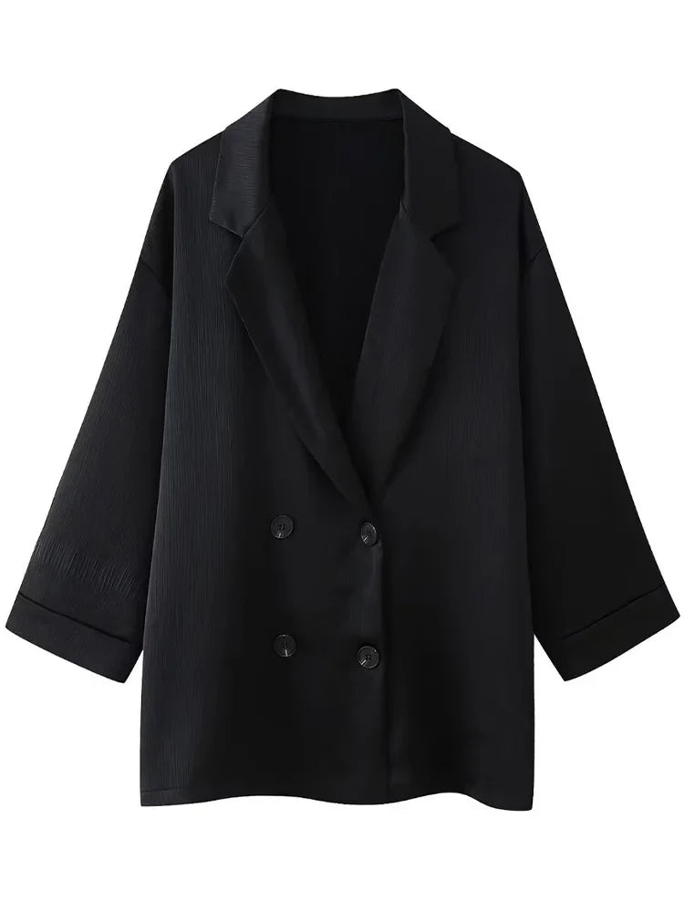 Chic Women's Two Piece Set with Solid Double Breasted Blazer and Vintage Elastic Waist Trousers for Effortless Style