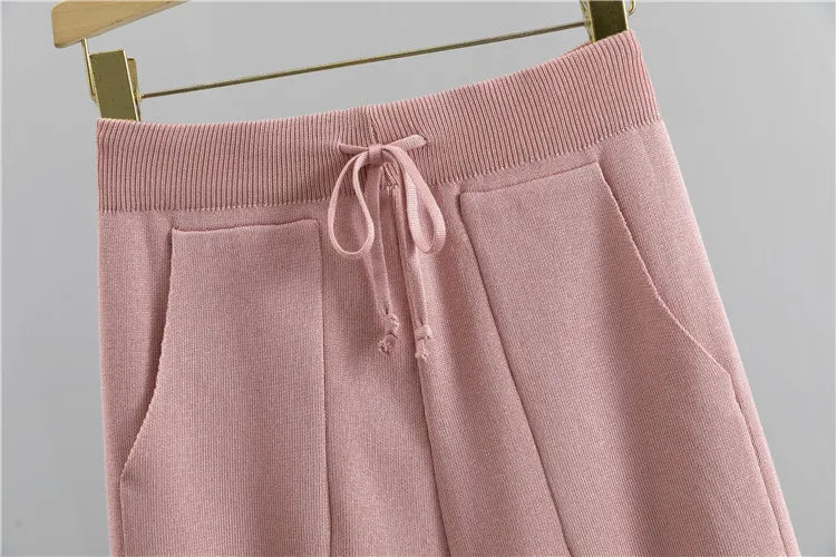 Chic Women's Knit Sweater 2-Piece Set with Embroidered Beaded Heart Pullover and Spring Harem Pants Sporty Tracksuit Lounge Ensemble