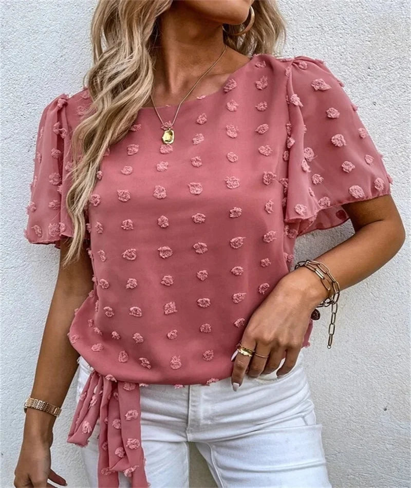 Casual Short Sleeved Woven Jacquard T-Shirt in Pure Color for Spring and Summer Fashion