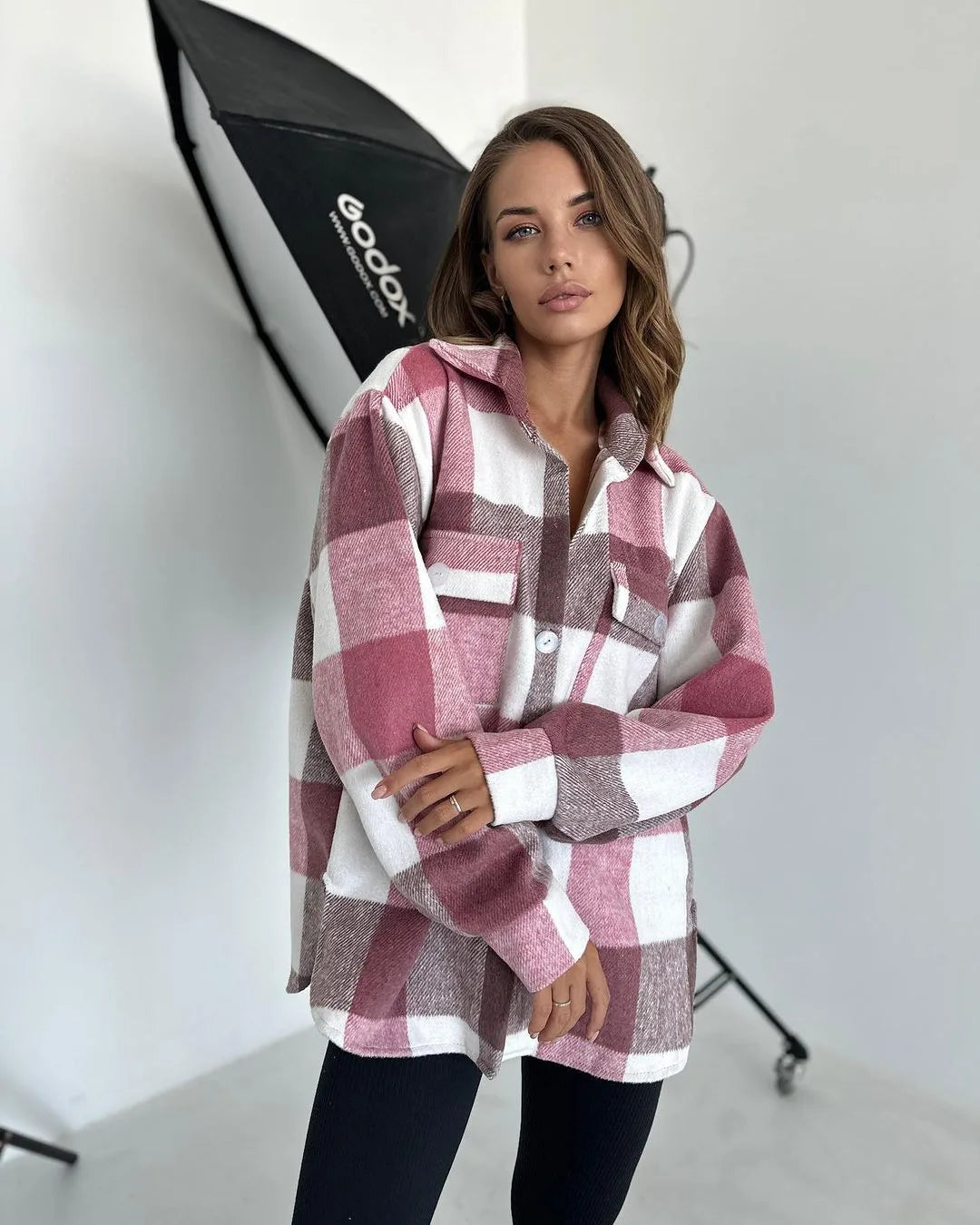 Women's Flannel Lapel Plaid Shirt Jacket Long Sleeve Button Down Thin Warm Coat Blouse for Autumn Casual Wear