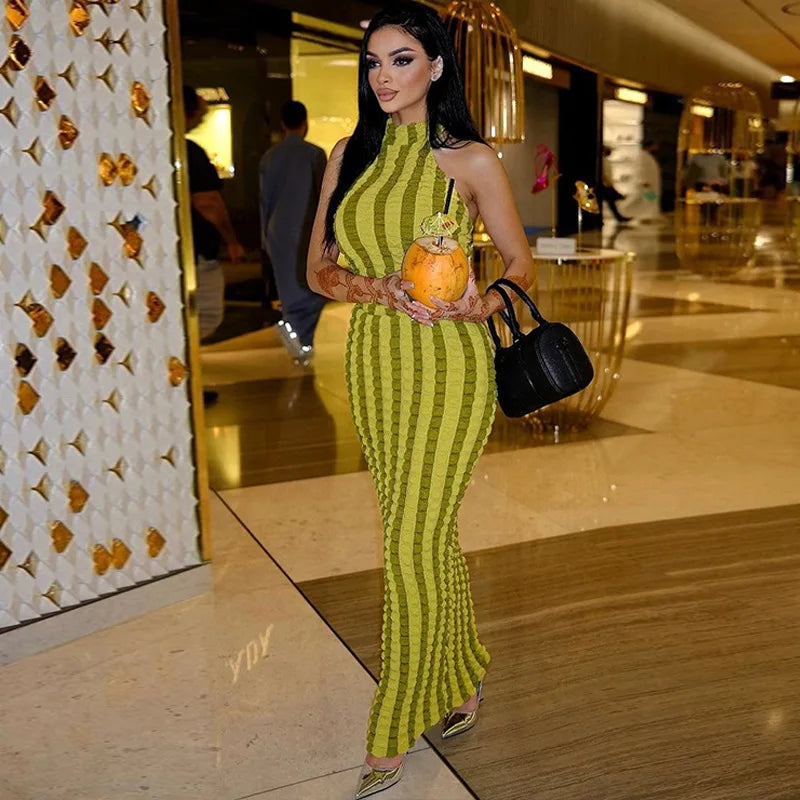 Y2K Patchwork Halter Backless Bodycon Maxi Dress For Women